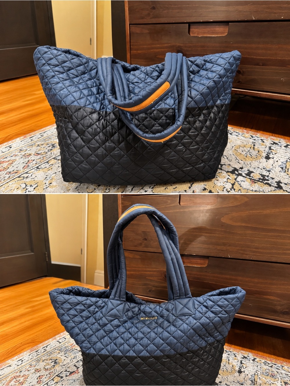 MZ Wallace Quilted Navy and Black Two-Tone Tote with Tan Trim
